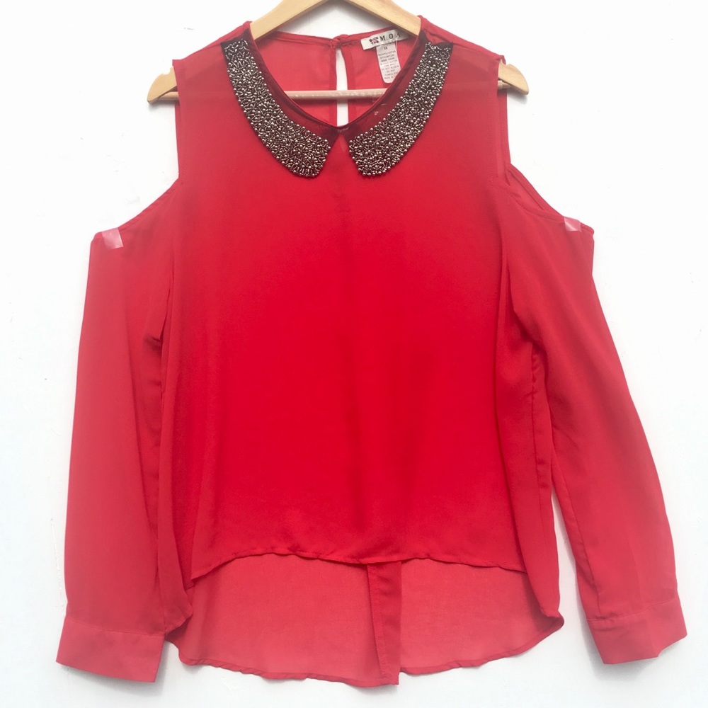 MOA Red Cold Shoulder Beaded Collar Hi-Lo Top